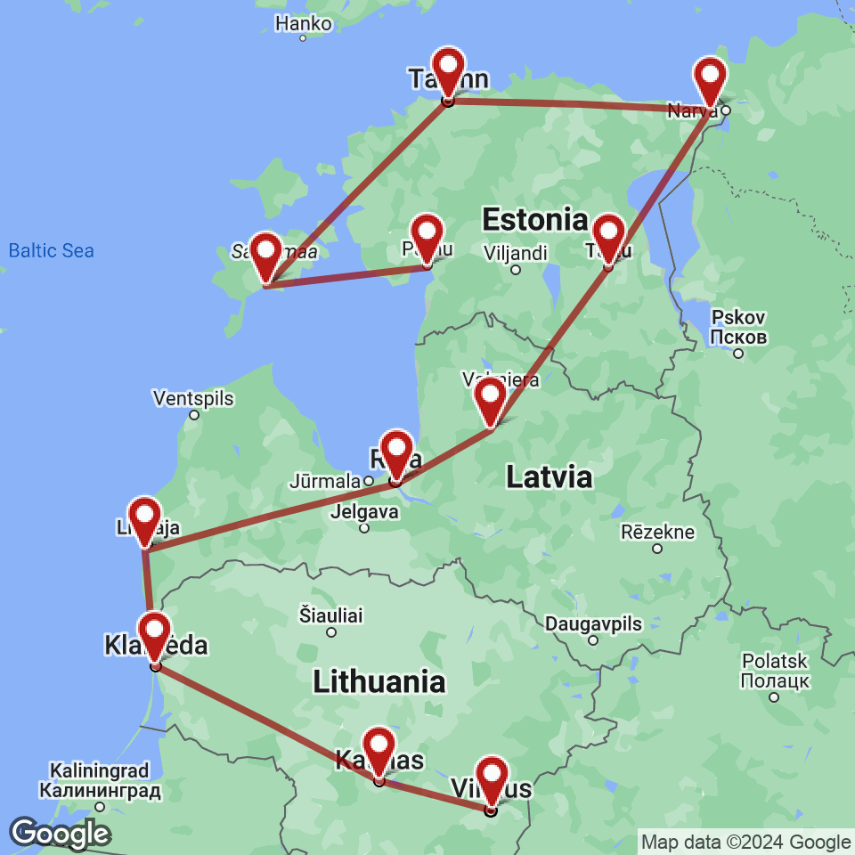 Route for Vilnius, Kaunas, Klaipeda, Liepaja, Riga, Cesis, Tartu, Narva, Tallinn, Saaremaa, Parnu tour